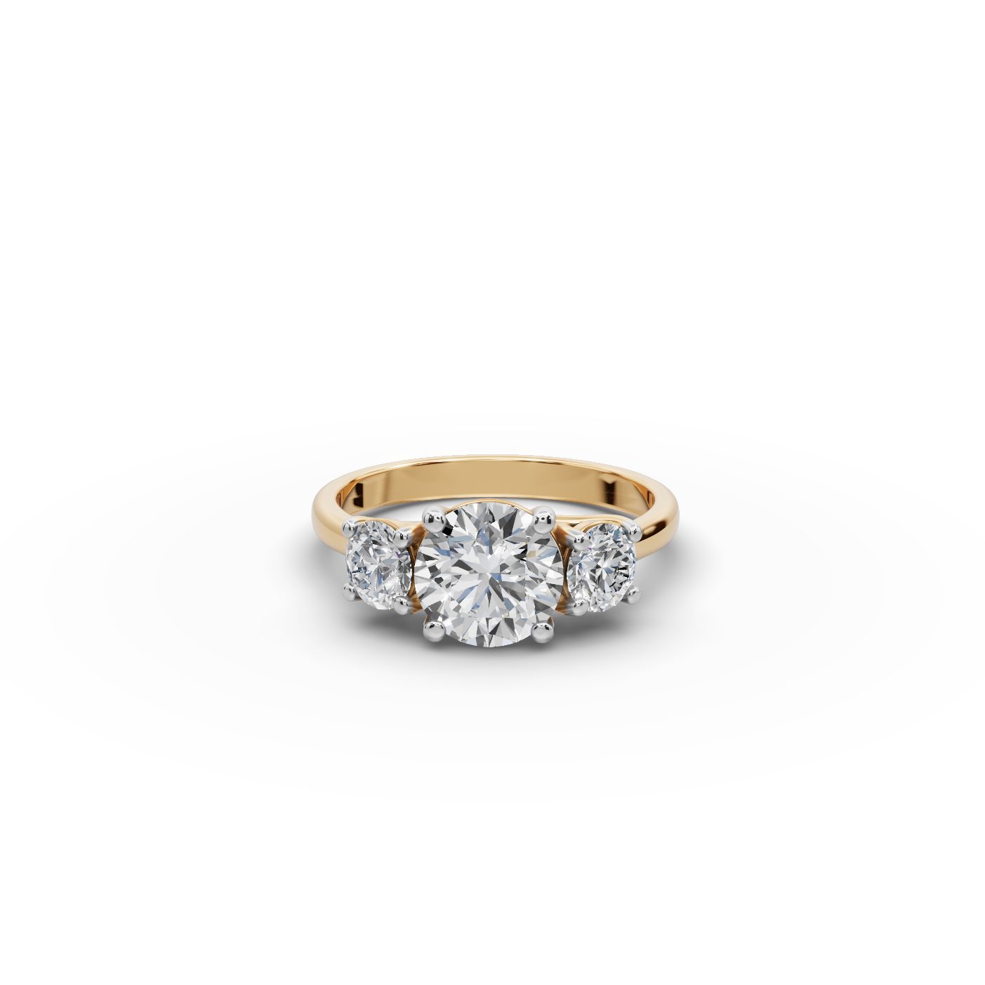 Opulent Light Round Lab-Grown Diamond Three Stone Ring in yellow gold, set with lab-grown diamonds