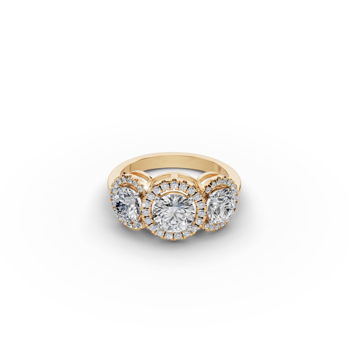 Graceful Sparkle Round Lab-Grown Diamond Three Stone Ring in yellow gold, set with lab-grown diamonds