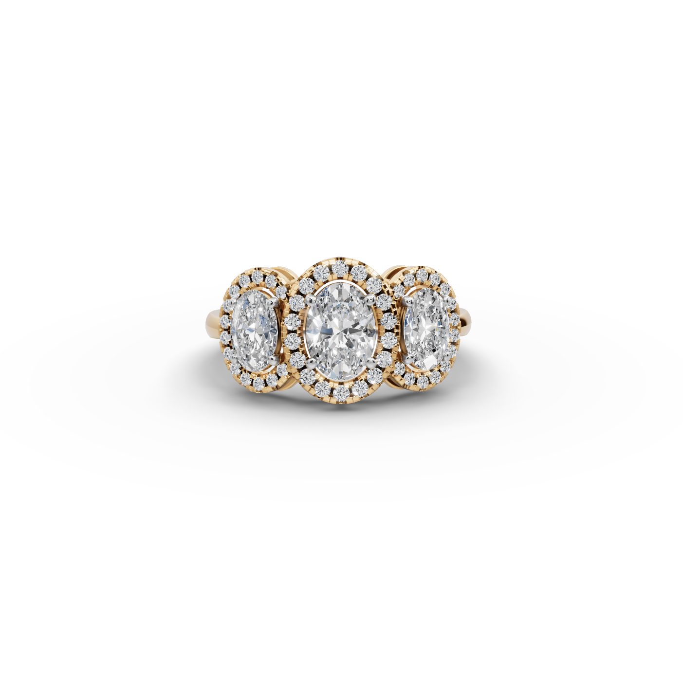 Classic Ember Oval Lab-Grown Diamond Three Stone Ring in yellow gold, set with lab-grown diamonds