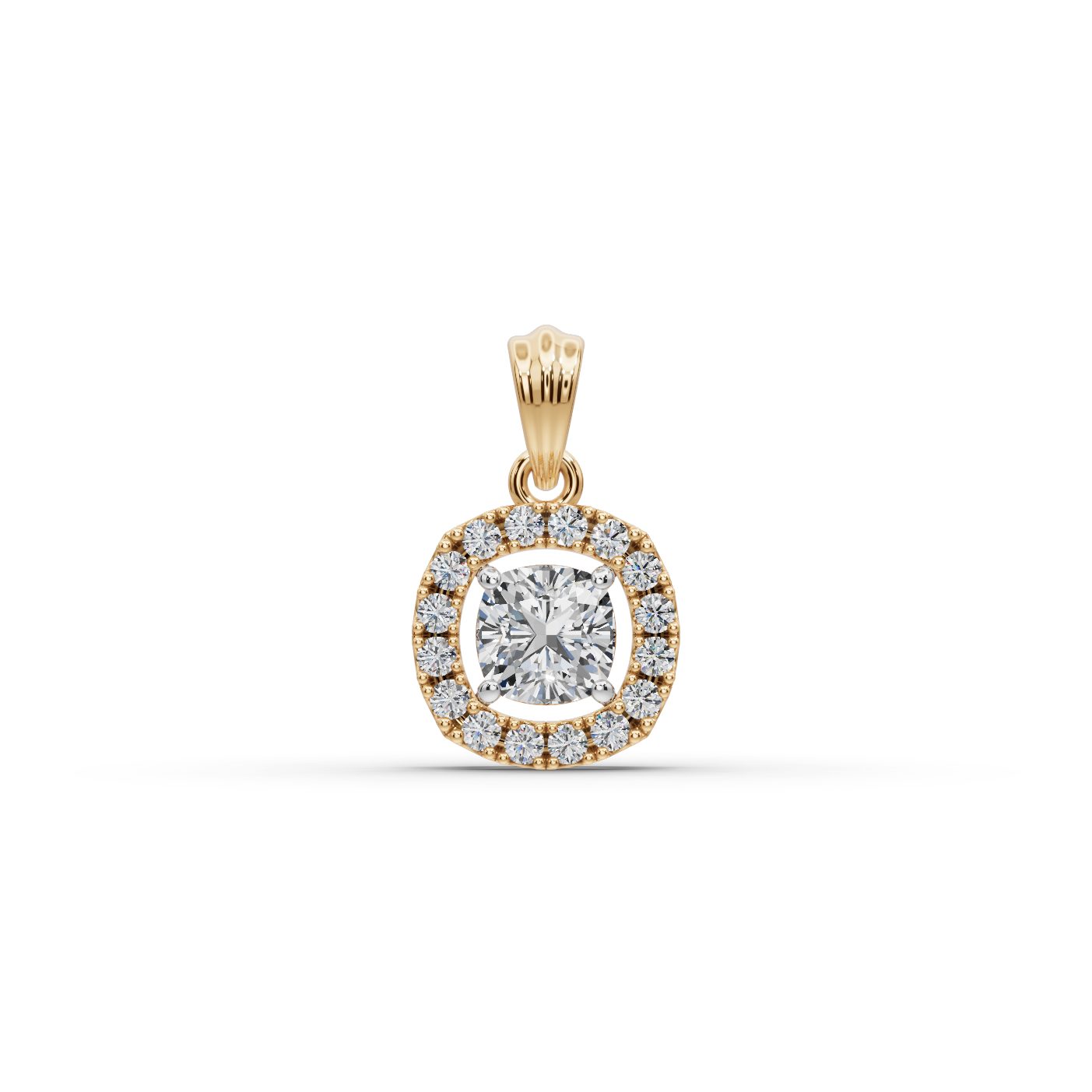 Celestial Muse Cushion Lab-Grown Diamond Halo Pendant in yellow gold, set with lab-grown diamonds